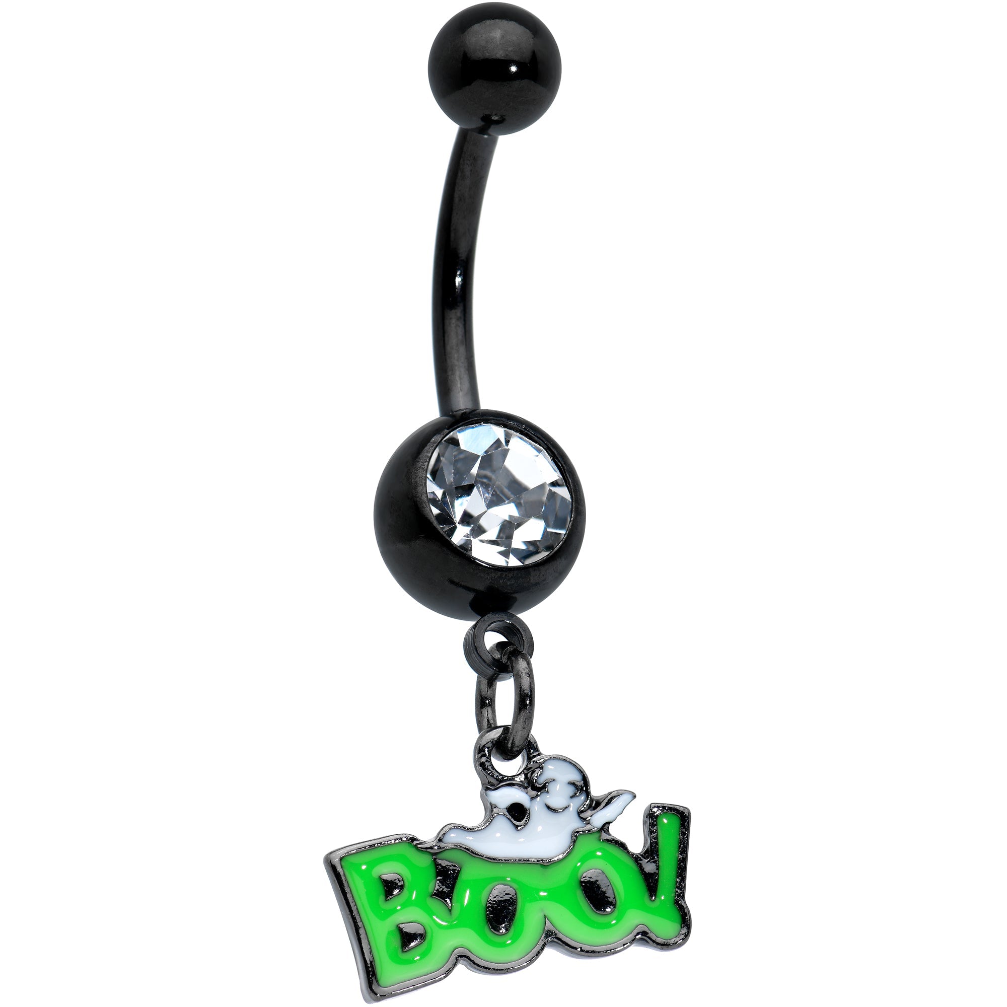 BodyCandy Clear Gem Black Green No2 Boo Ghost Halloween Dangle Belly Ring — main product shot