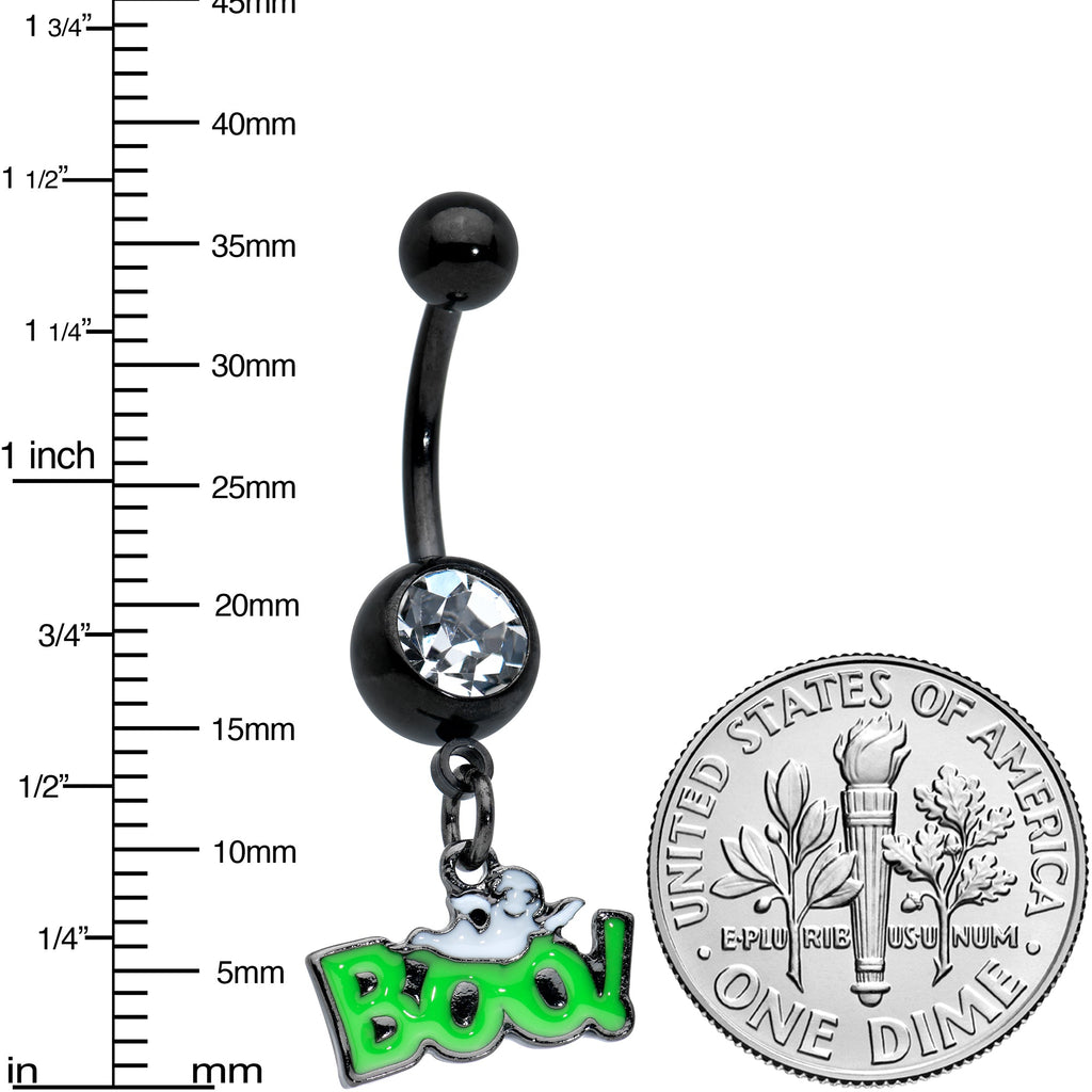 BodyCandy Clear Gem Black Green No2 Boo Ghost Halloween Dangle Belly Ring — detail close-up