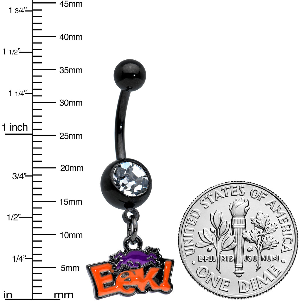 BodyCandy Clear Gem Black Eek Purple Spider Halloween Dangle Belly Ring — detail close-up