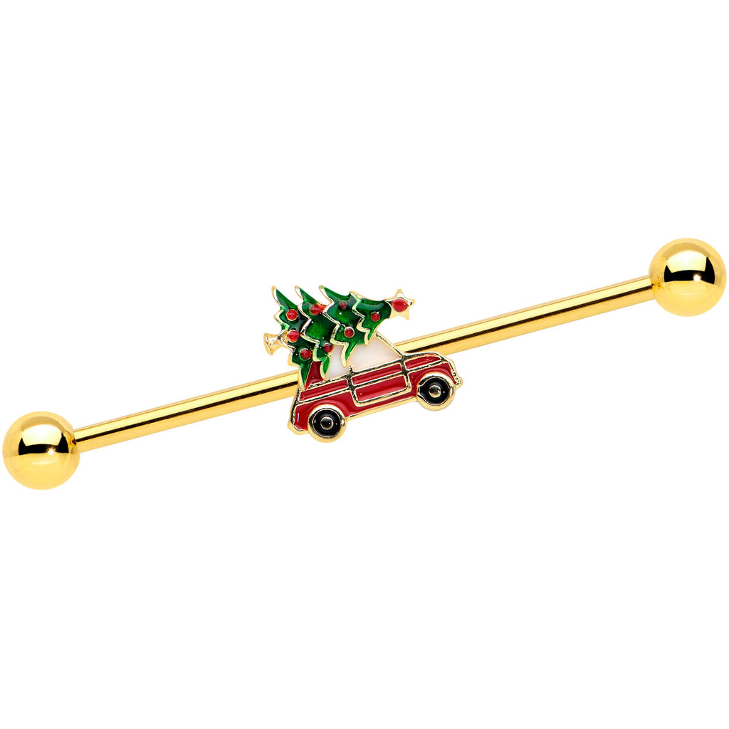 BodyCandy 14G Gold Tone Buggy Christmas Tree Industrial Barbell 38mm — main product shot