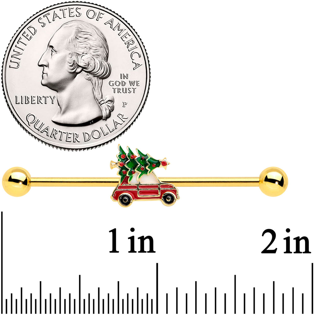 BodyCandy 14G Gold Tone Buggy Christmas Tree Industrial Barbell 38mm — detail close-up
