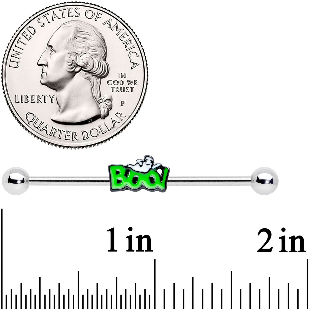 BodyCandy 14G Green Boo Smile Ghost Halloween Industrial Barbell 38mm — detail close-up