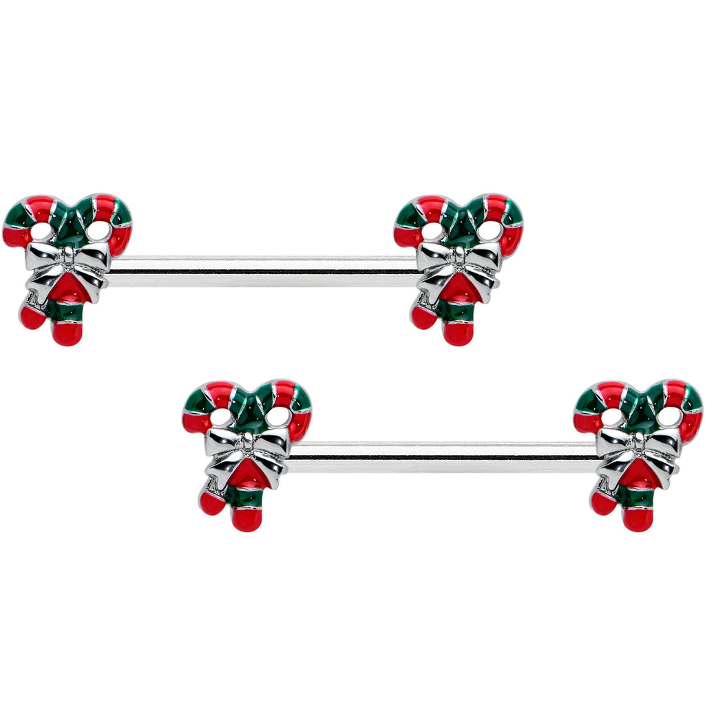 BodyCandy 14G 9/16 Pair of Candy Canes Christmas Barbell Nipple Ring Set — main product shot