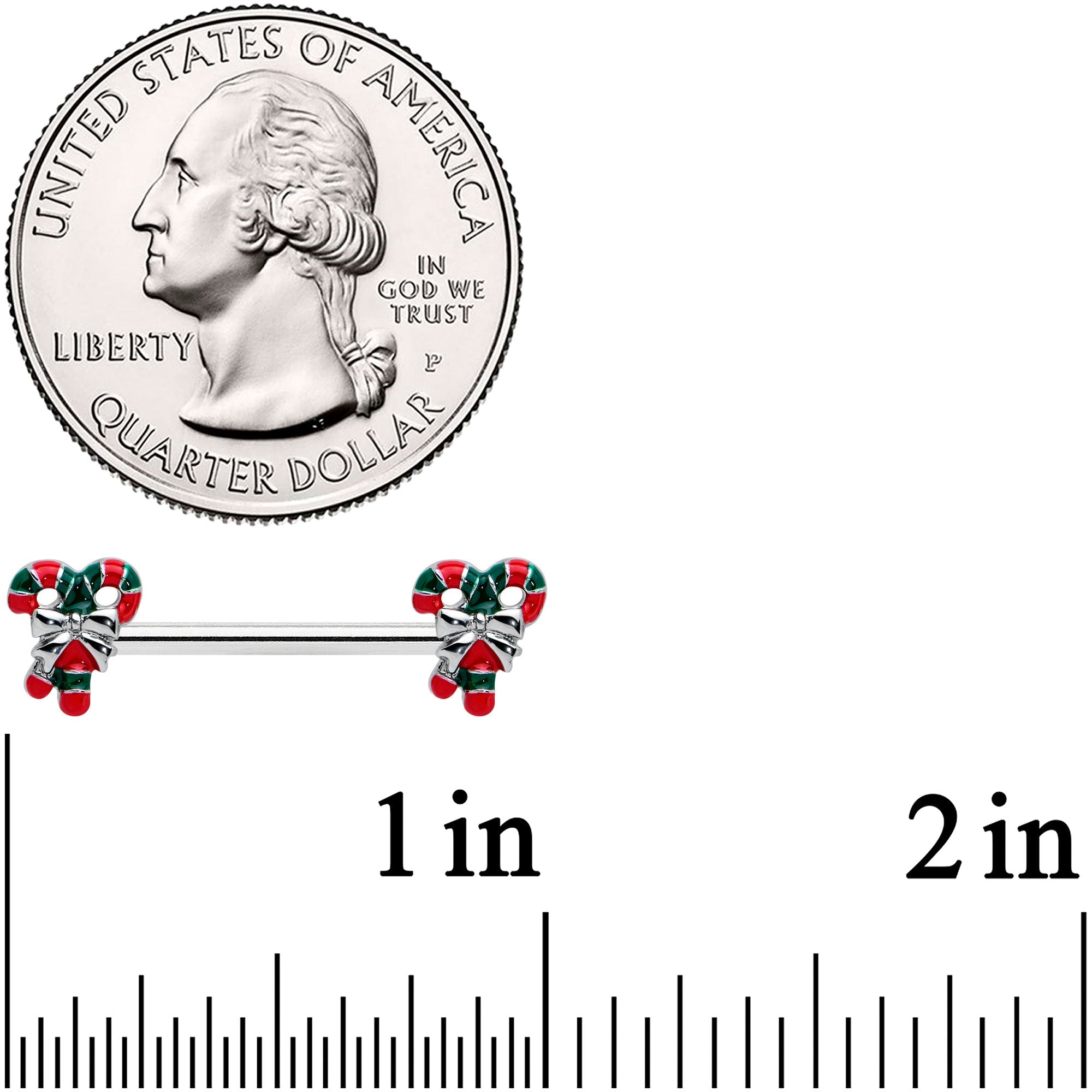 BodyCandy 14G 9/16 Pair of Candy Canes Christmas Barbell Nipple Ring Set — detail close-up