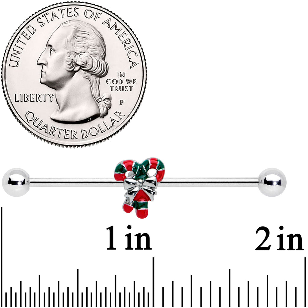BodyCandy 14G Pair of Candy Canes Christmas Industrial Barbell 38mm — detail close-up