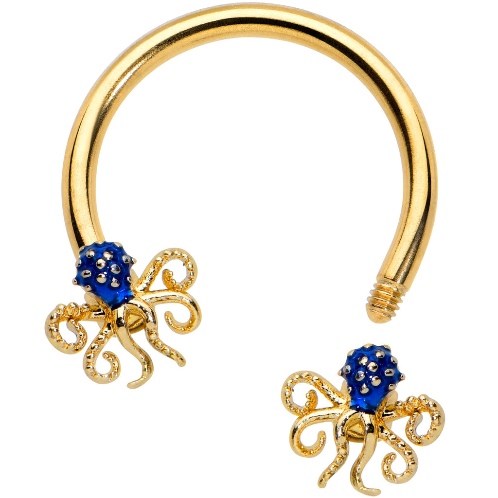 BodyCandy 16G 3/8 Gold Tone Blue Octopus Ends Horseshoe Circular Barbell — detail close-up