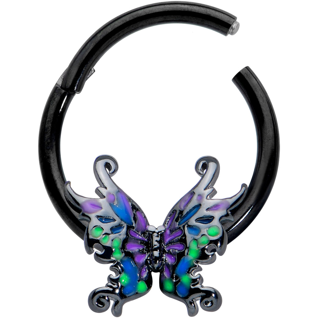 BodyCandy 16G 3/8 Black Fantasy Faerie Wings Hinged Segment Ring — detail close-up