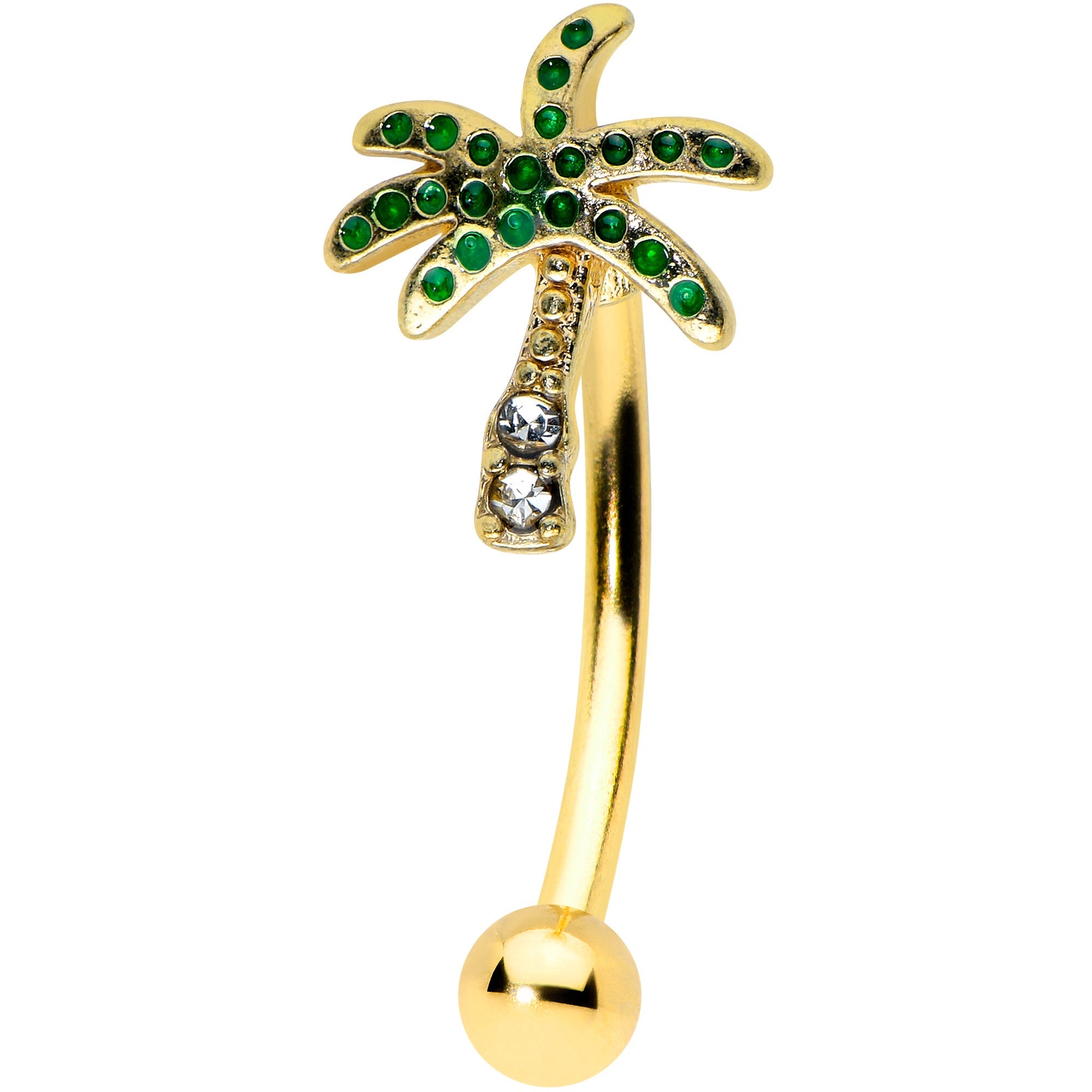 BodyCandy 16G 5/16 Green Gem Gold Tone Retro Palm Tree Curved Eyebrow Ring — main product shot
