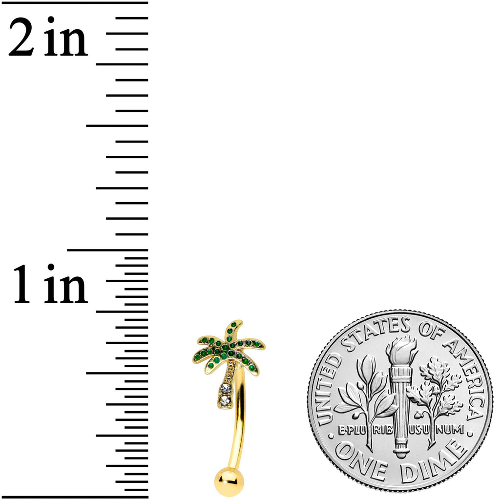 BodyCandy 16G 5/16 Green Gem Gold Tone Retro Palm Tree Curved Eyebrow Ring — detail close-up
