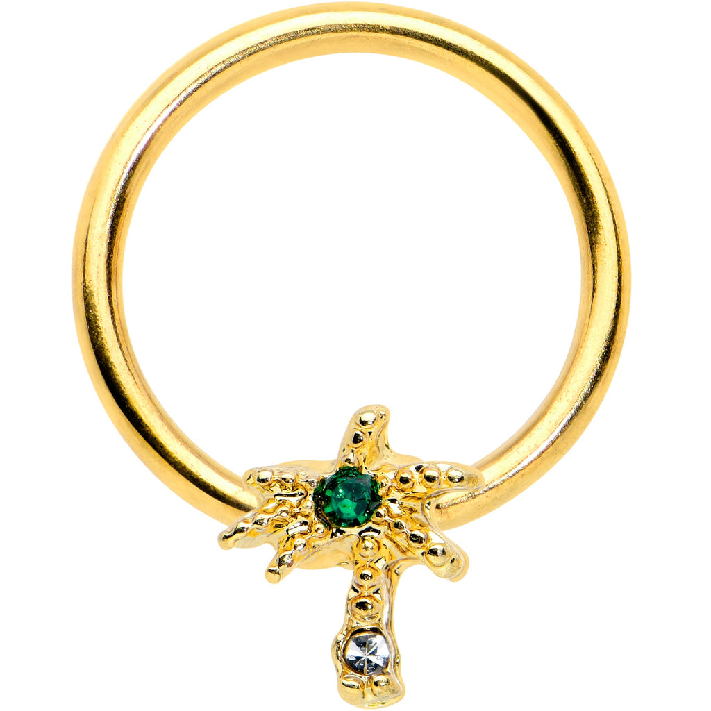 BodyCandy 16G 3/8 Green Gem Gold Tone Texture Palm Tree BCR Captive Ring — main product shot