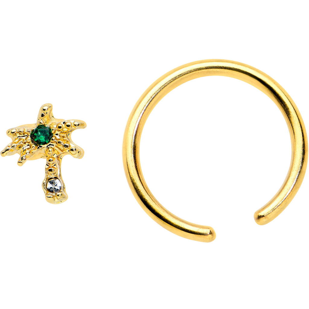 BodyCandy 16G 3/8 Green Gem Gold Tone Texture Palm Tree BCR Captive Ring — detail close-up