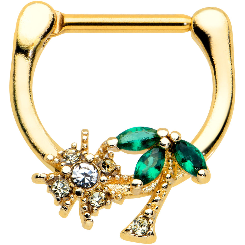 BodyCandy 16G 5/16 Green Gem Gold Tone Sun Palm Tree Cartilage Clicker Ring — main product shot