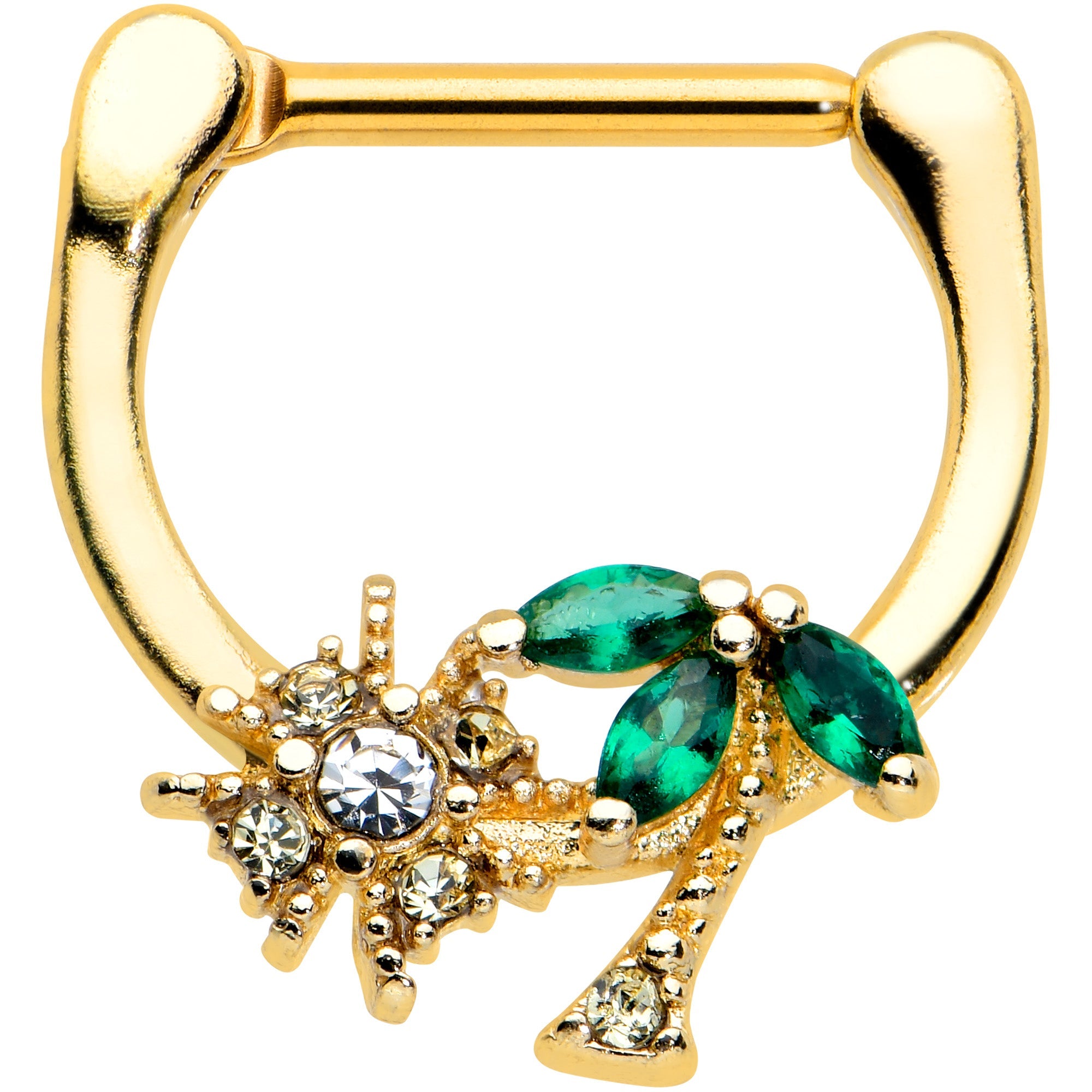 BodyCandy 16G 5/16 Green Gem Gold Tone Sun Palm Tree Cartilage Clicker Ring — main product shot