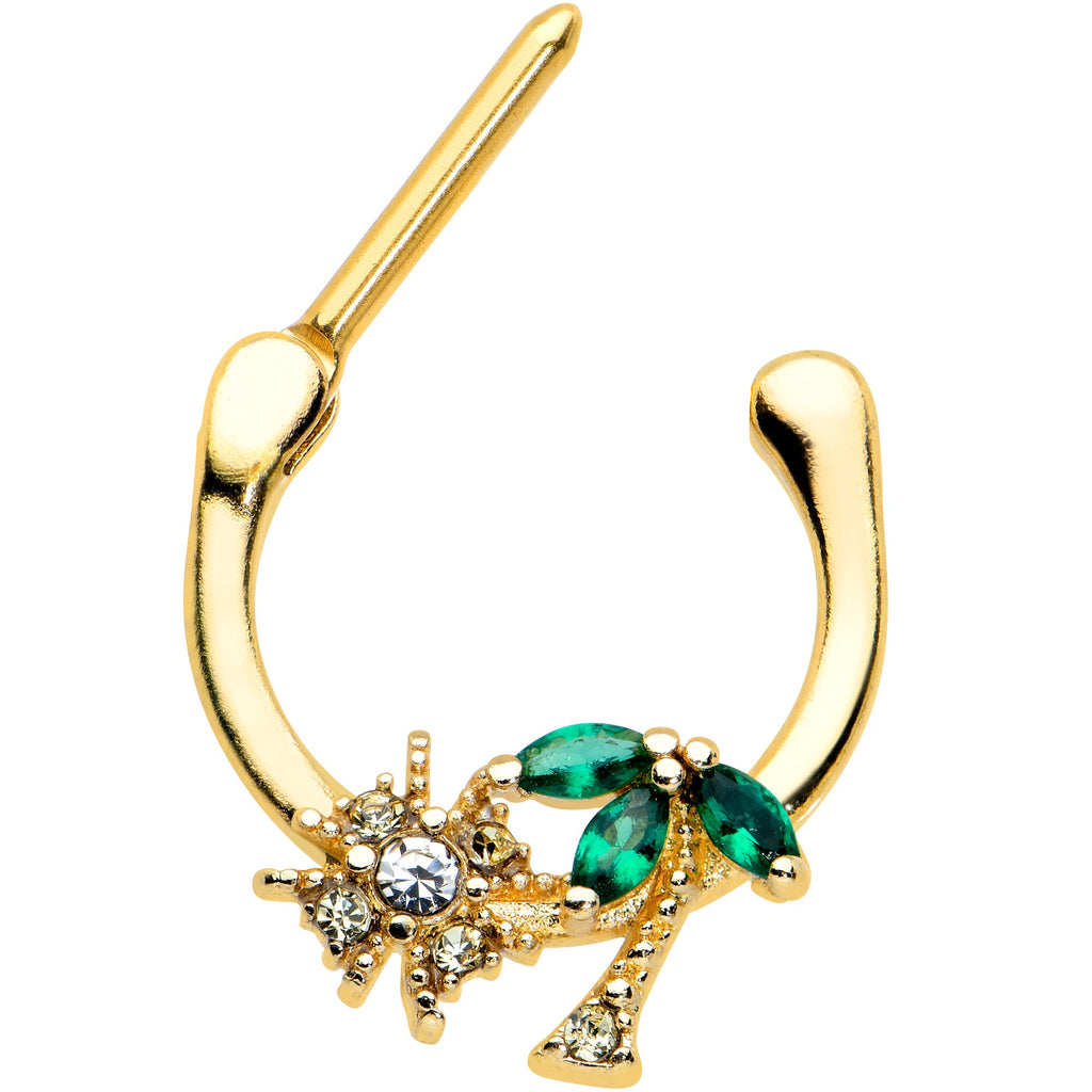 BodyCandy 16G 5/16 Green Gem Gold Tone Sun Palm Tree Cartilage Clicker Ring — detail close-up