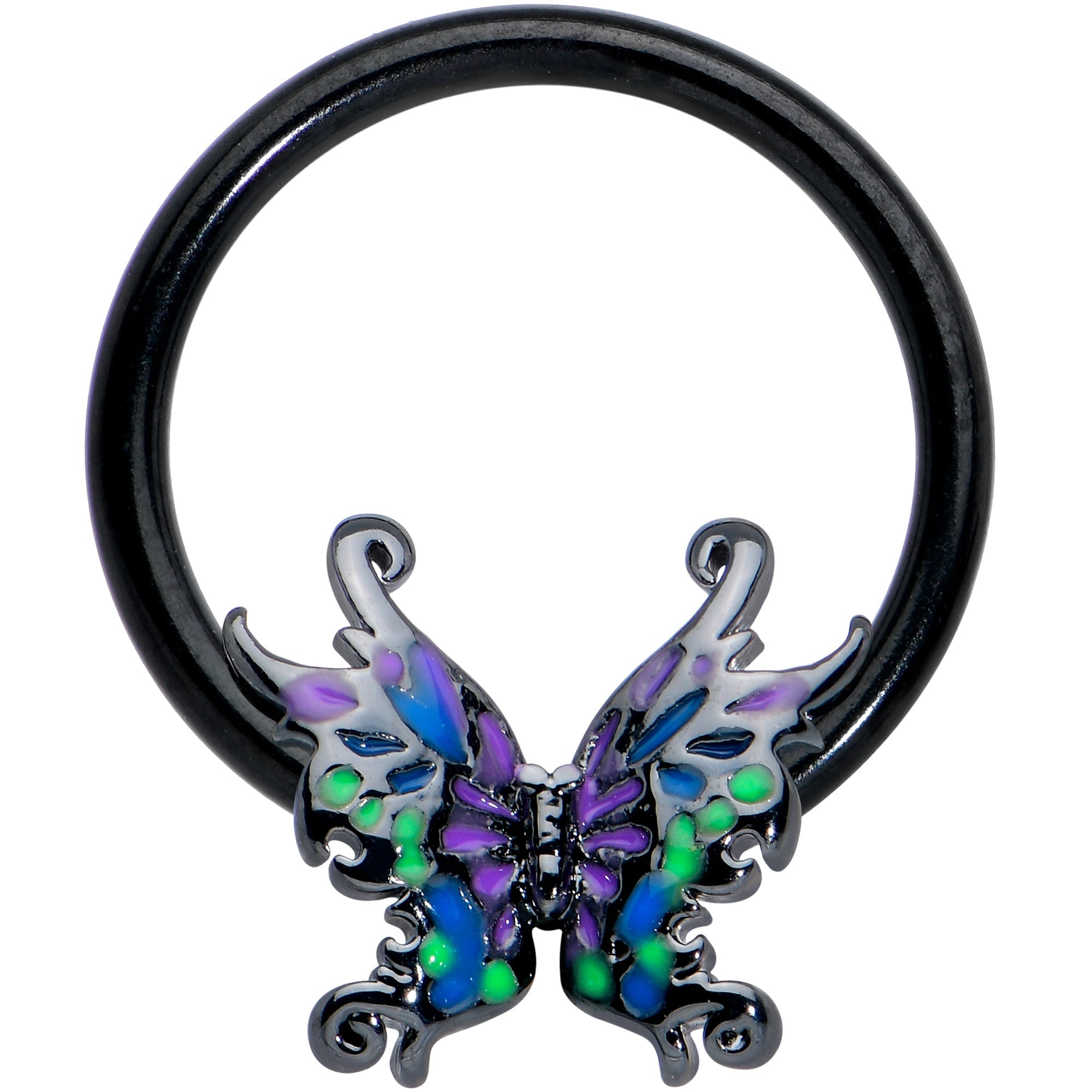 BodyCandy 16G 3/8 Black Fantasy Faerie Wings BCR Captive Ring — main product shot