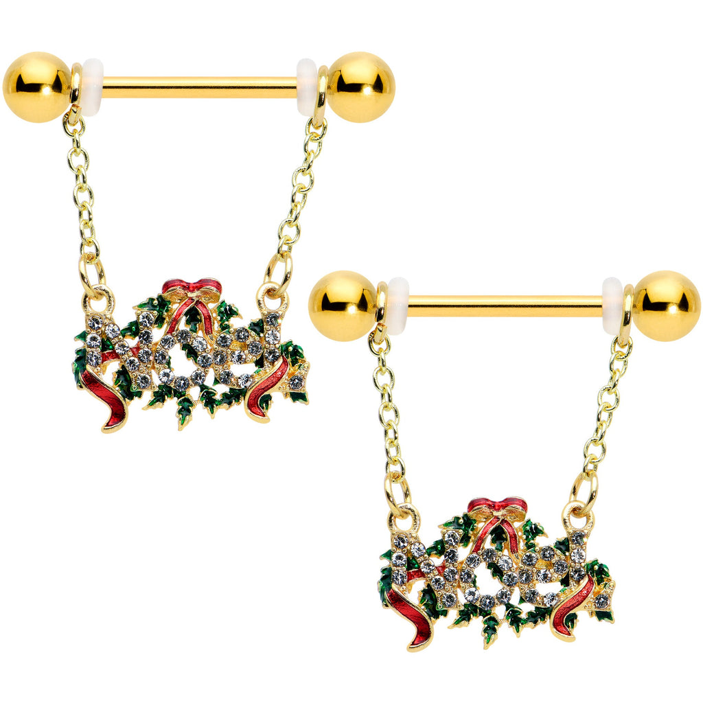 BodyCandy 14G 9/16 Clear Gem Gold Tone Garland Christmas Nipple Ring Set — main product shot