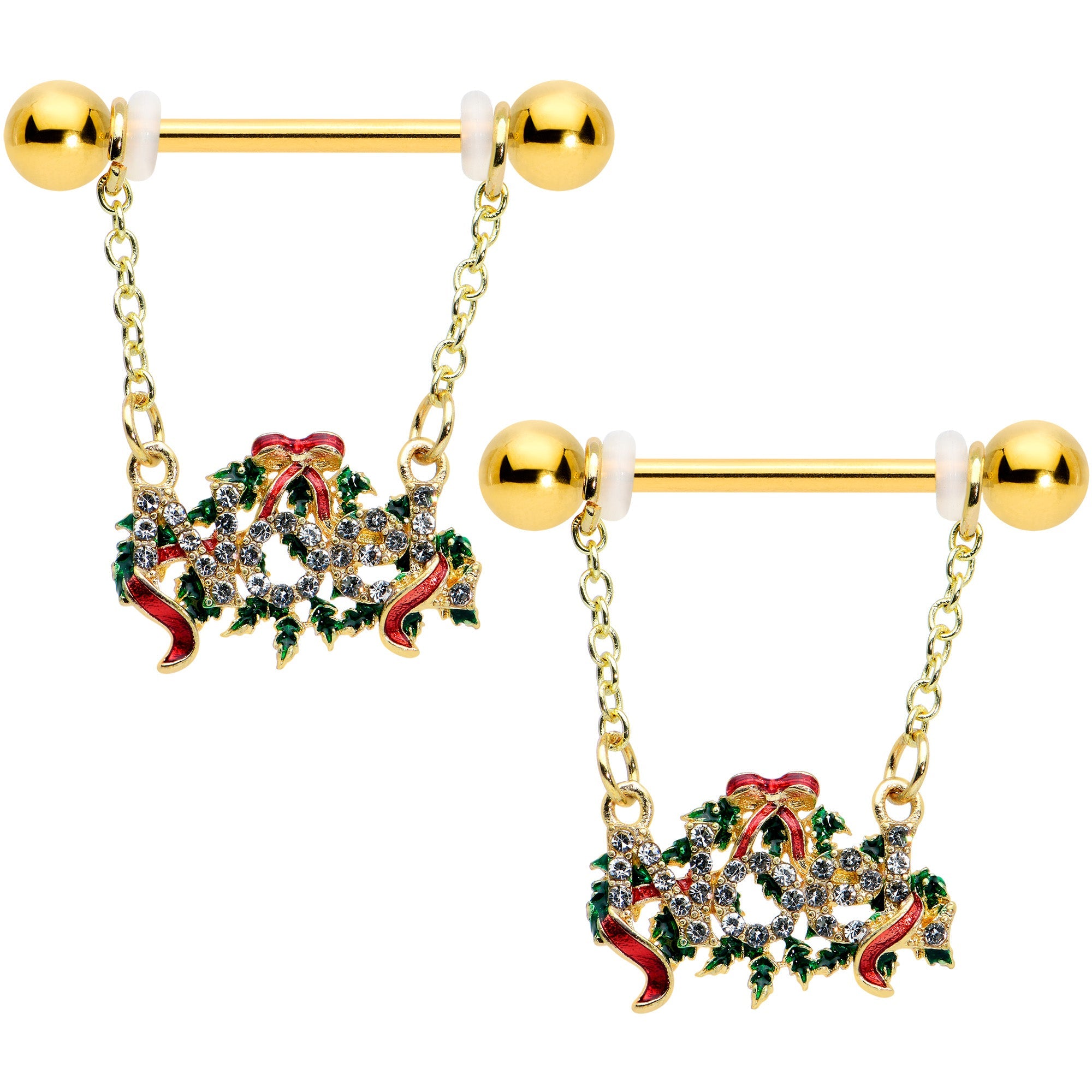 BodyCandy 14G 9/16 Clear Gem Gold Tone Garland Christmas Nipple Ring Set — main product shot