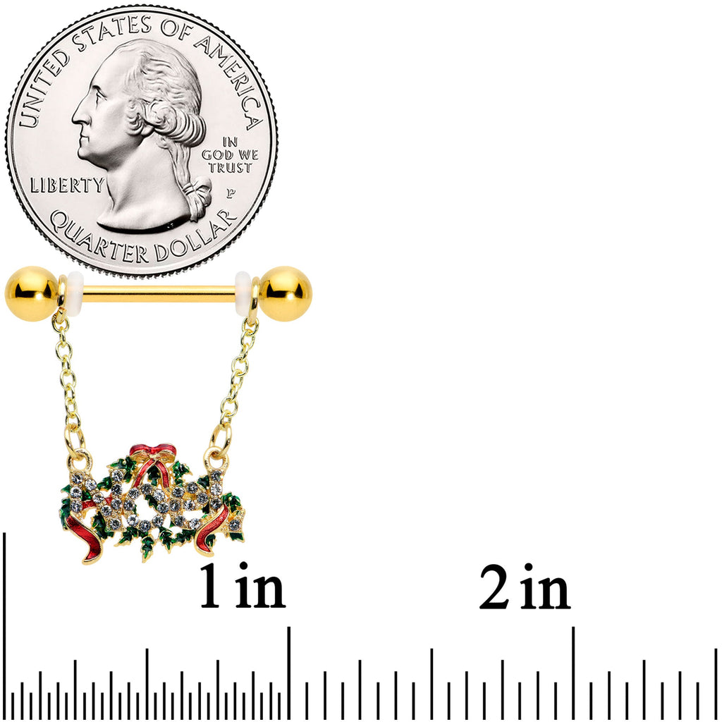 BodyCandy 14G 9/16 Clear Gem Gold Tone Garland Christmas Nipple Ring Set — detail close-up