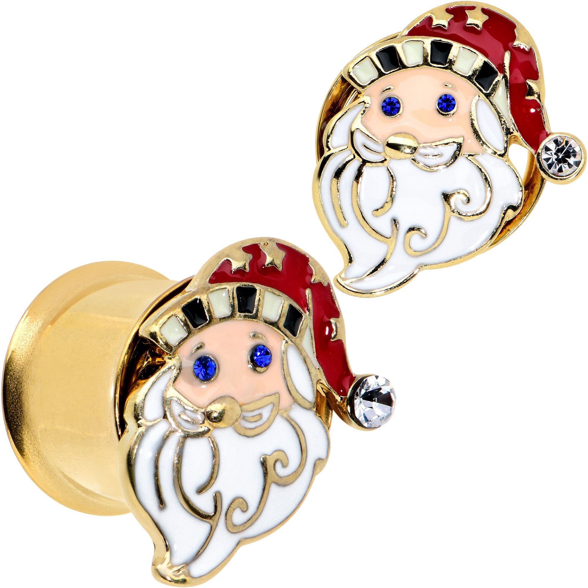 BodyCandy Color Gem Gold Tone Snazzy Santa Christmas Double Flare Plug Set — in-use photo