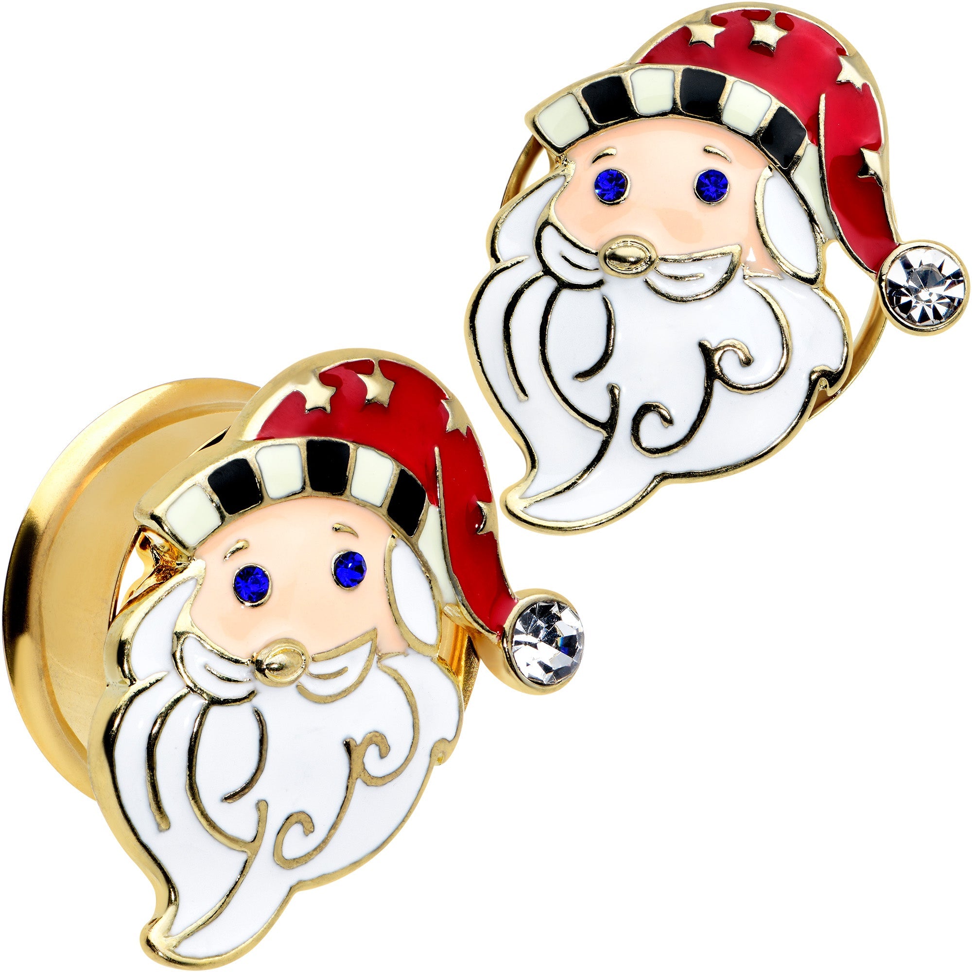 BodyCandy Color Gem Gold Tone Snazzy Santa Christmas Double Flare Plug Set — detail close-up