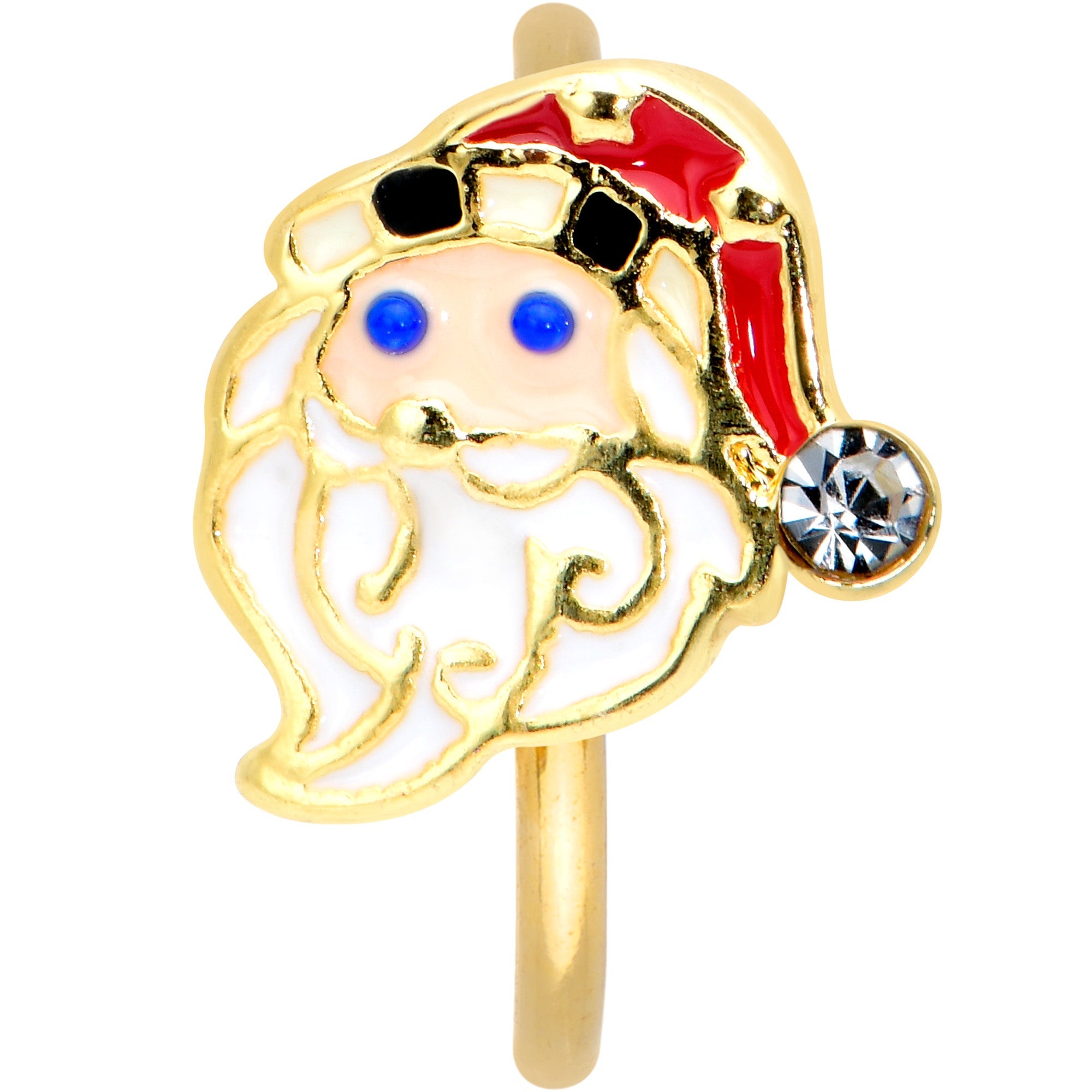 BodyCandy 20G 5/16 Clear Gem Gold Tone Snazzy Santa Christmas Nose Hoop — detail close-up