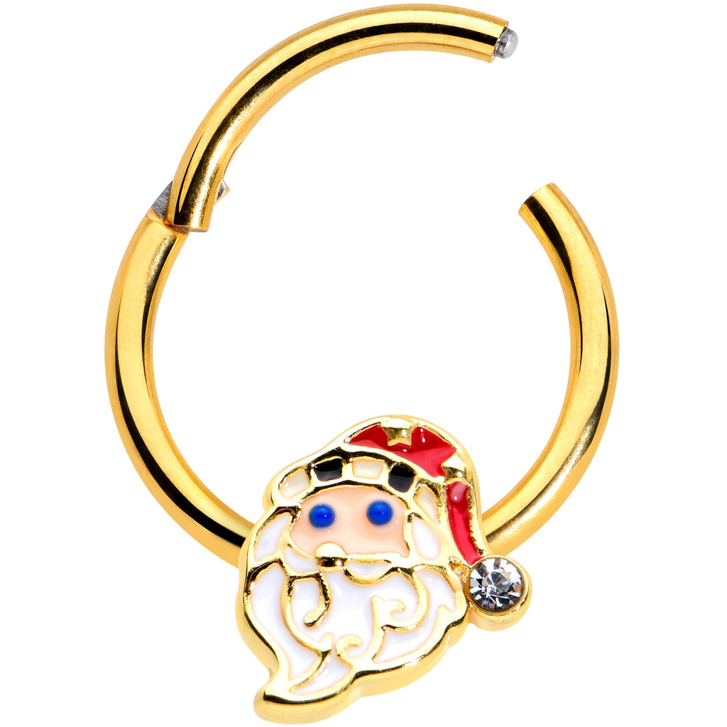 BodyCandy 16G 3/8 Clear Gem Gold Tone Santa Christmas Hinged Segment Ring — detail close-up