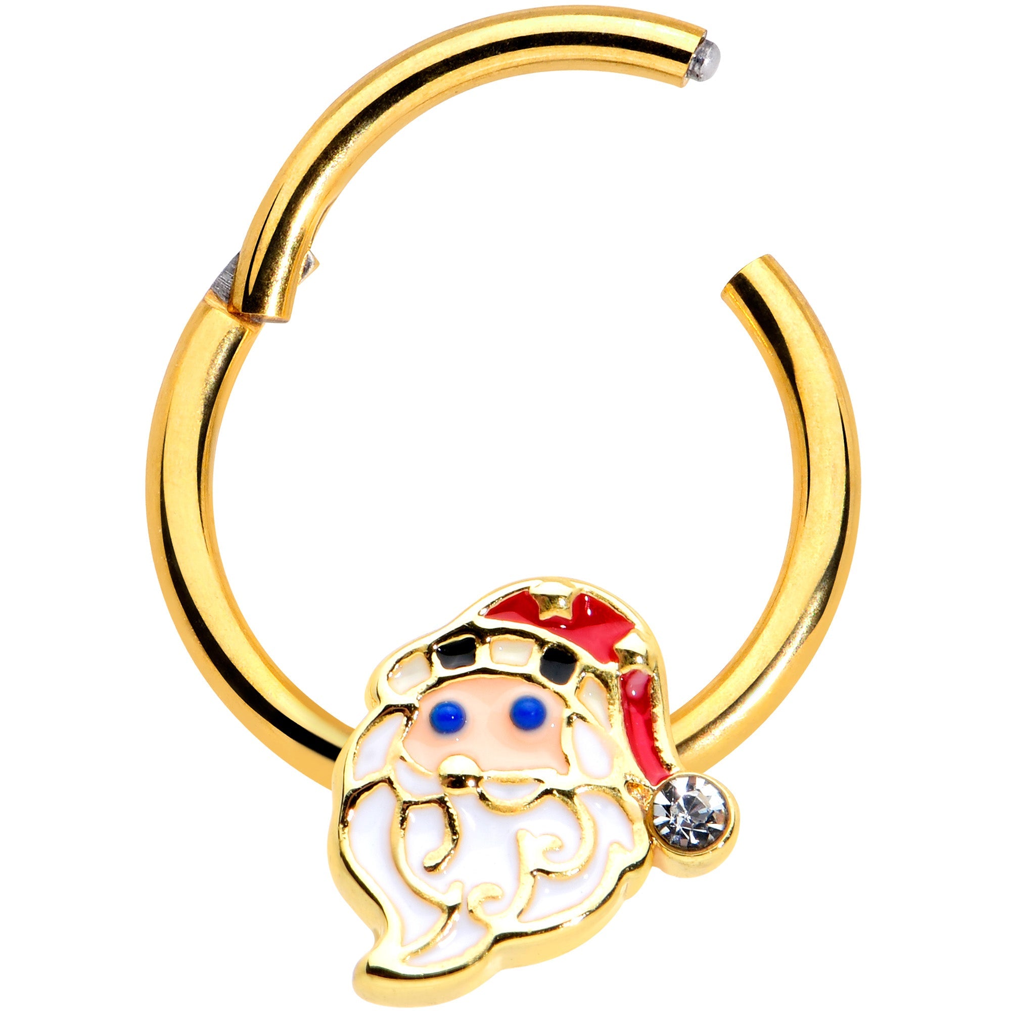 BodyCandy 16G 3/8 Clear Gem Gold Tone Santa Christmas Hinged Segment Ring — detail close-up