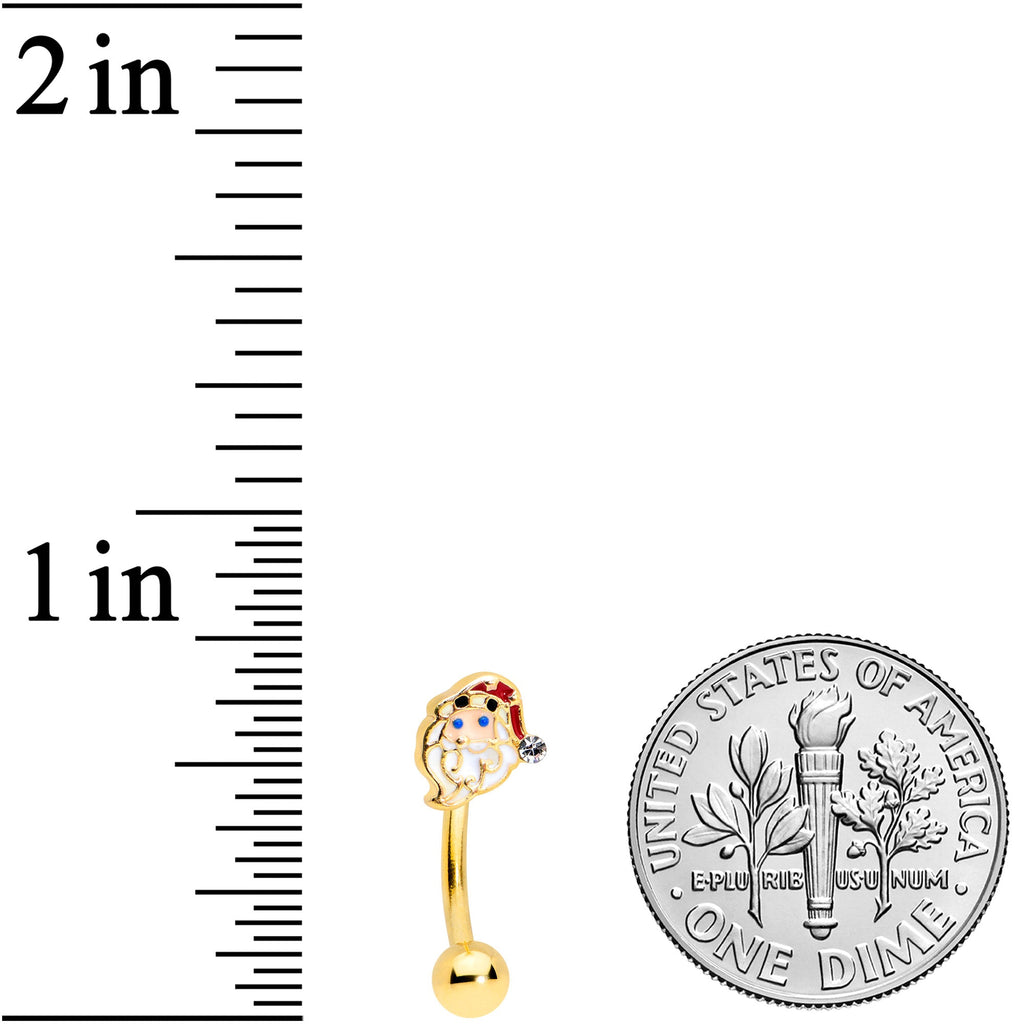 BodyCandy 16G 5/16 Clear Gem Gold Tone Santa Christmas Curved Eyebrow Ring — detail close-up