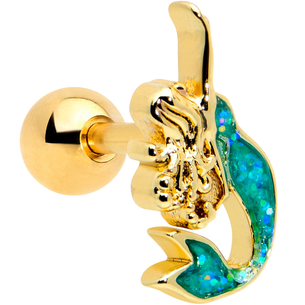 BodyCandy 16G 1/4 Green Faux Opal Gold Hue Curvy Mermaid Cartilage Tragus — main product shot