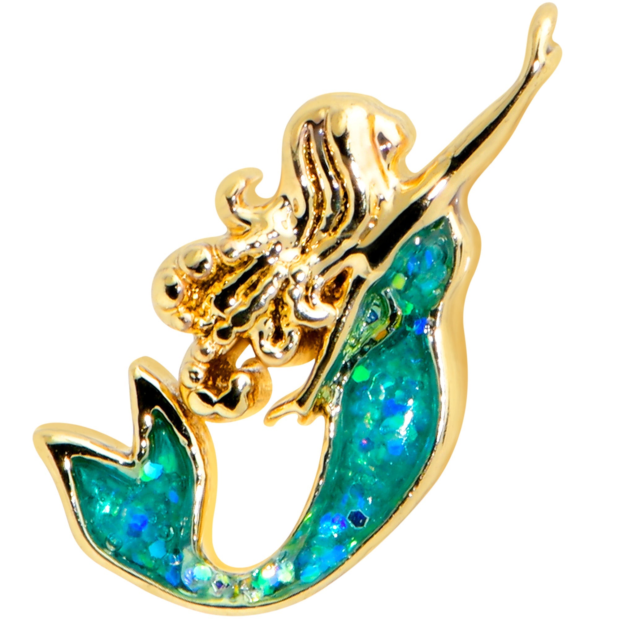 BodyCandy 16G 1/4 Green Faux Opal Gold Hue Curvy Mermaid Cartilage Tragus — detail close-up