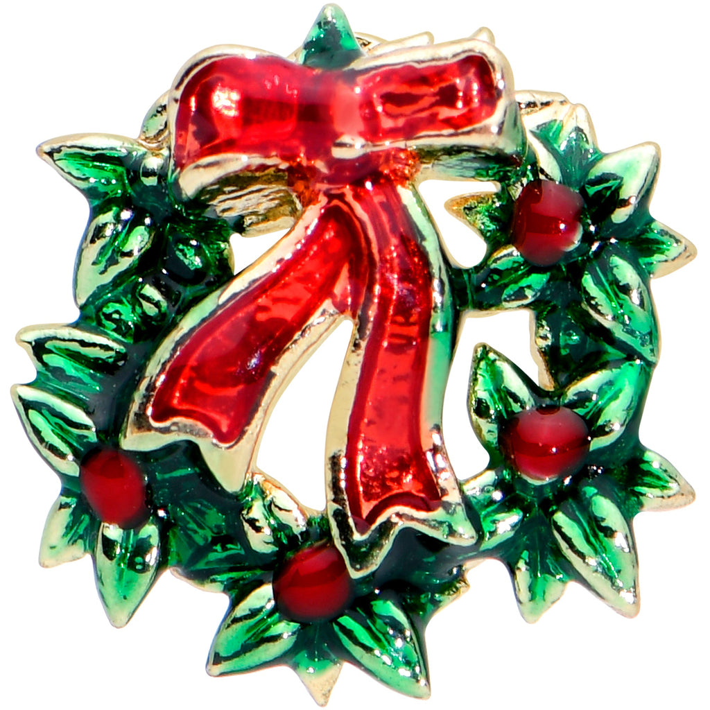 BodyCandy 16G 1/4 Gold Tone Festive Bow Wreath Christmas Cartilage Tragus — detail close-up