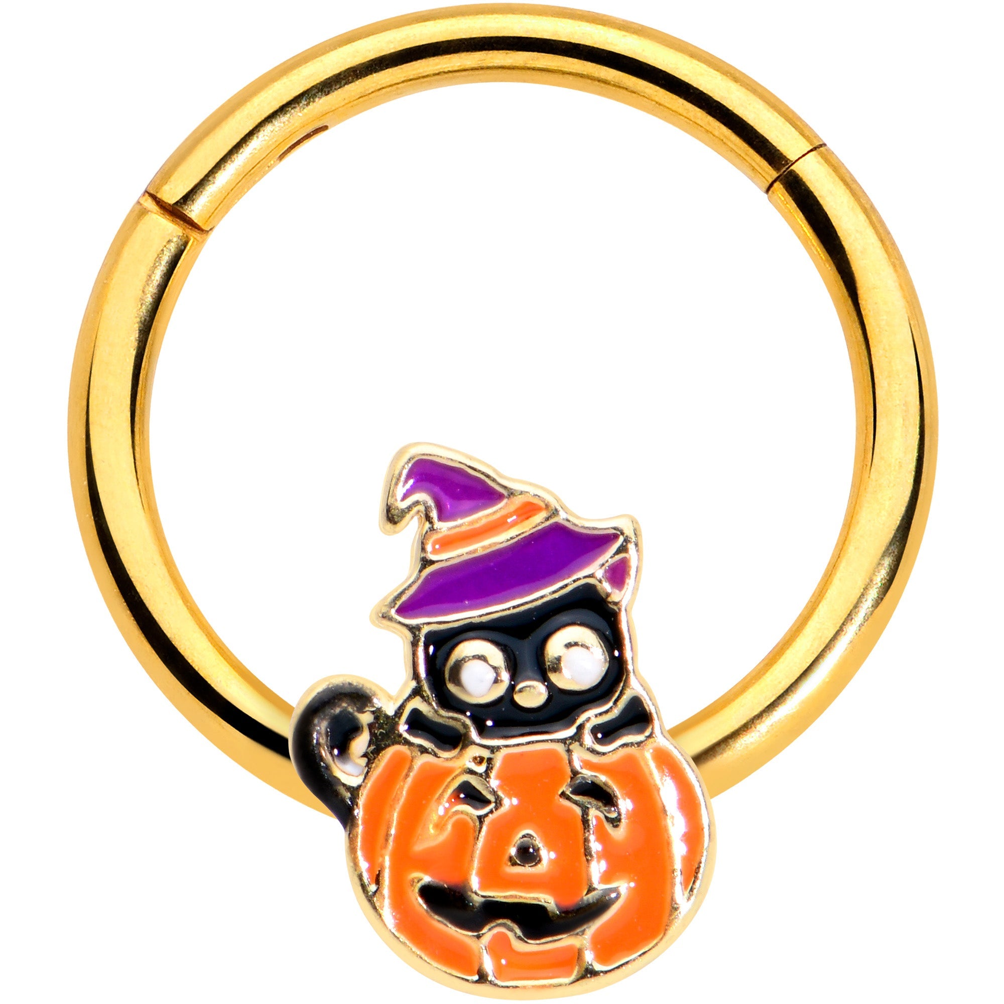 BodyCandy 16G 3/8 Gold Tone Black Cat Witch Pumpkin Hinged Segment Ring — main product shot