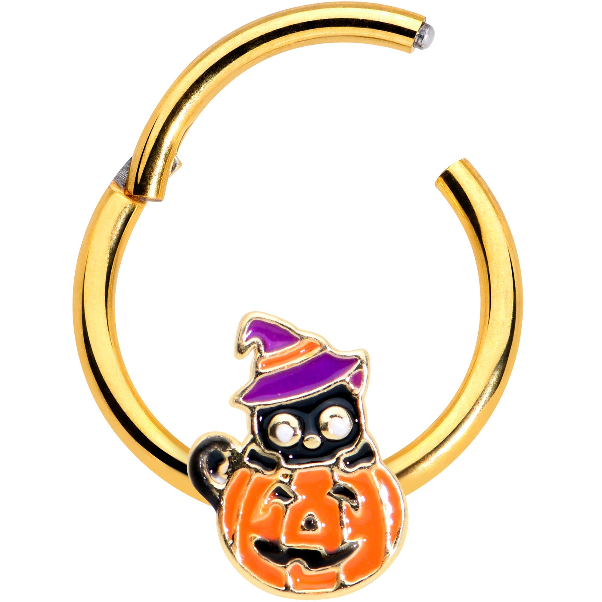 BodyCandy 16G 3/8 Gold Tone Black Cat Witch Pumpkin Hinged Segment Ring — detail close-up