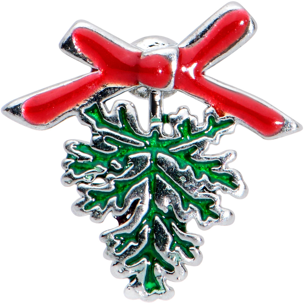 BodyCandy 16G 5/16 Red Bow Pine Bough Christmas Labret Monroe Tragus — detail close-up