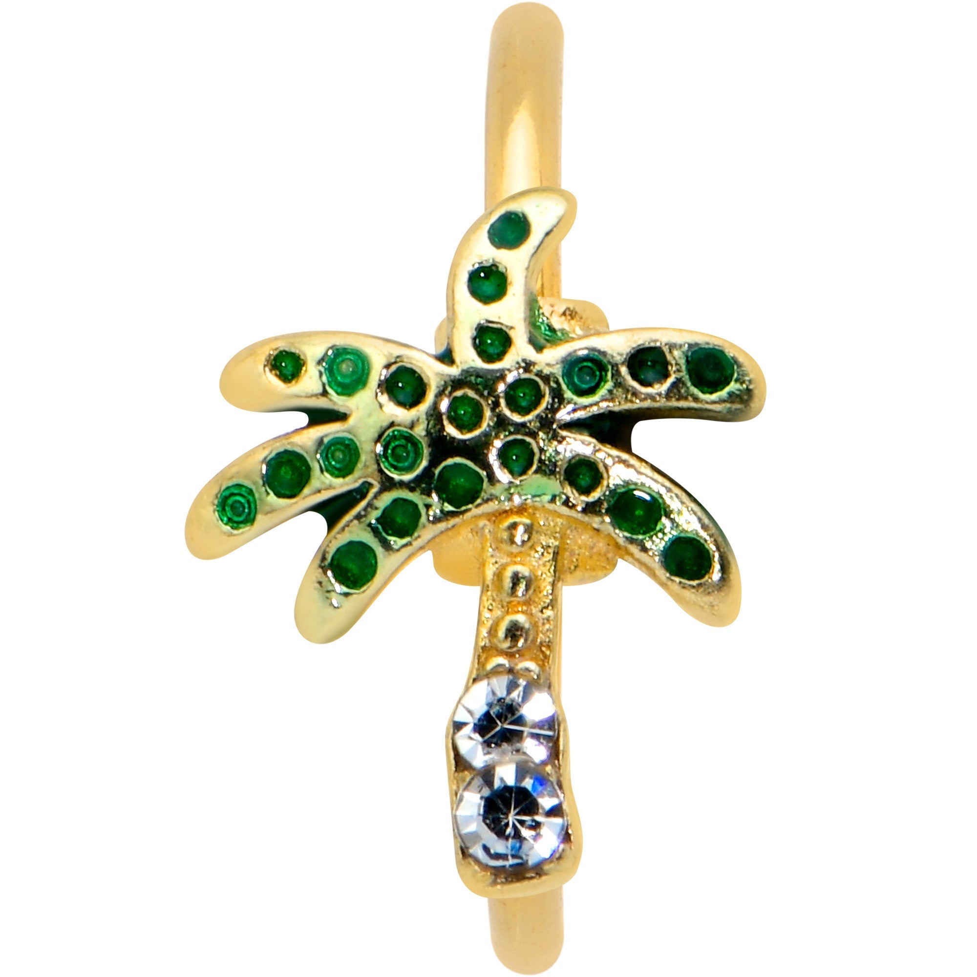 BodyCandy 16G 5/16 Clear Green Gem Gold Tone Retro Palm Tree Nose Hoop — detail close-up