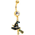 BodyCandy Clear Green Gem Gold Tone Witch Hat Broom Halloween Dangle Belly Ring — main product shot