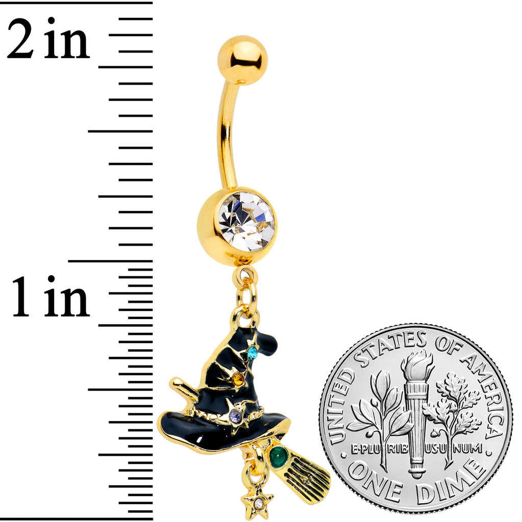 BodyCandy Clear Green Gem Gold Tone Witch Hat Broom Halloween Dangle Belly Ring — detail close-up