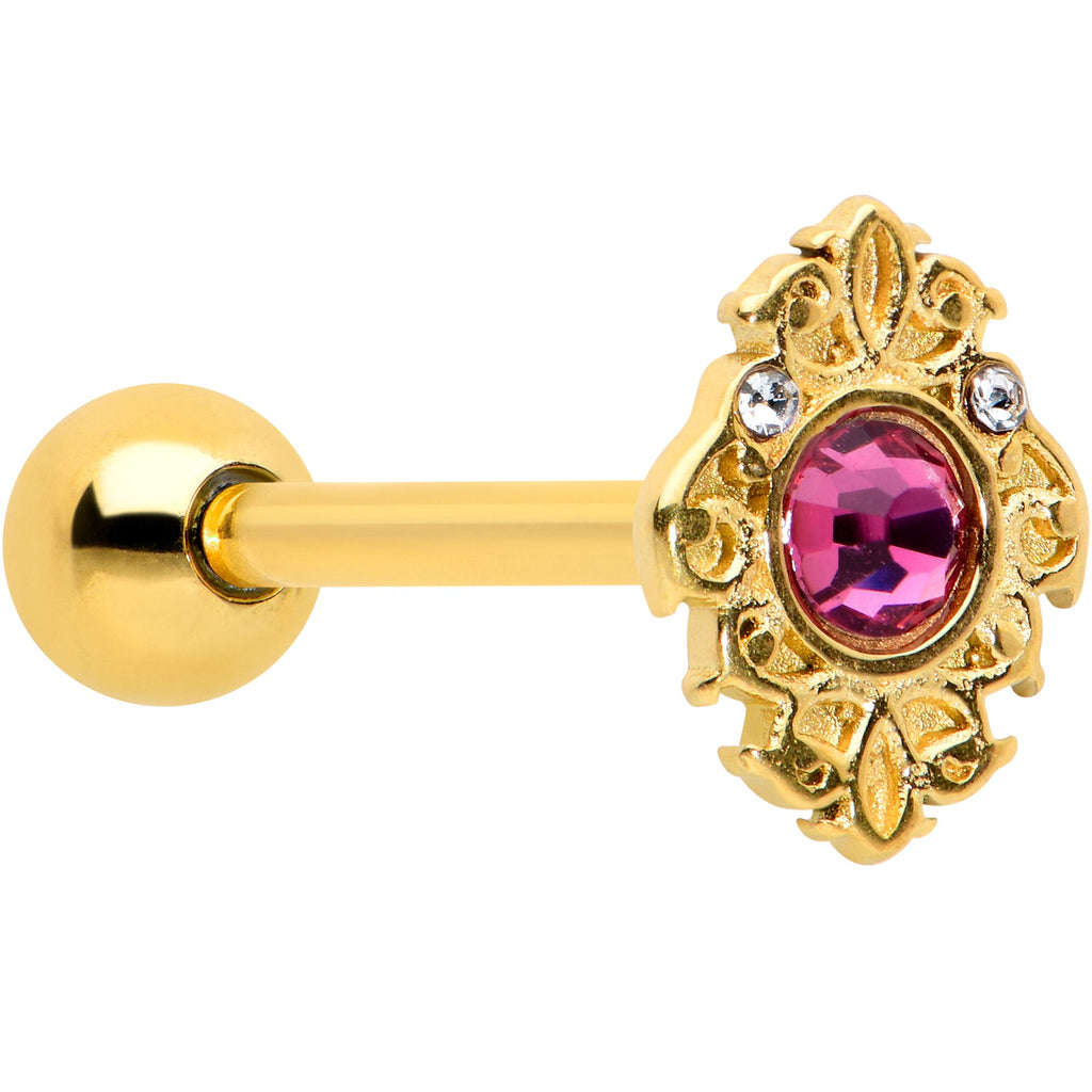 BodyCandy Pink Clear Gem Gold Tone Lace Love Barbell Tongue Ring — main product shot