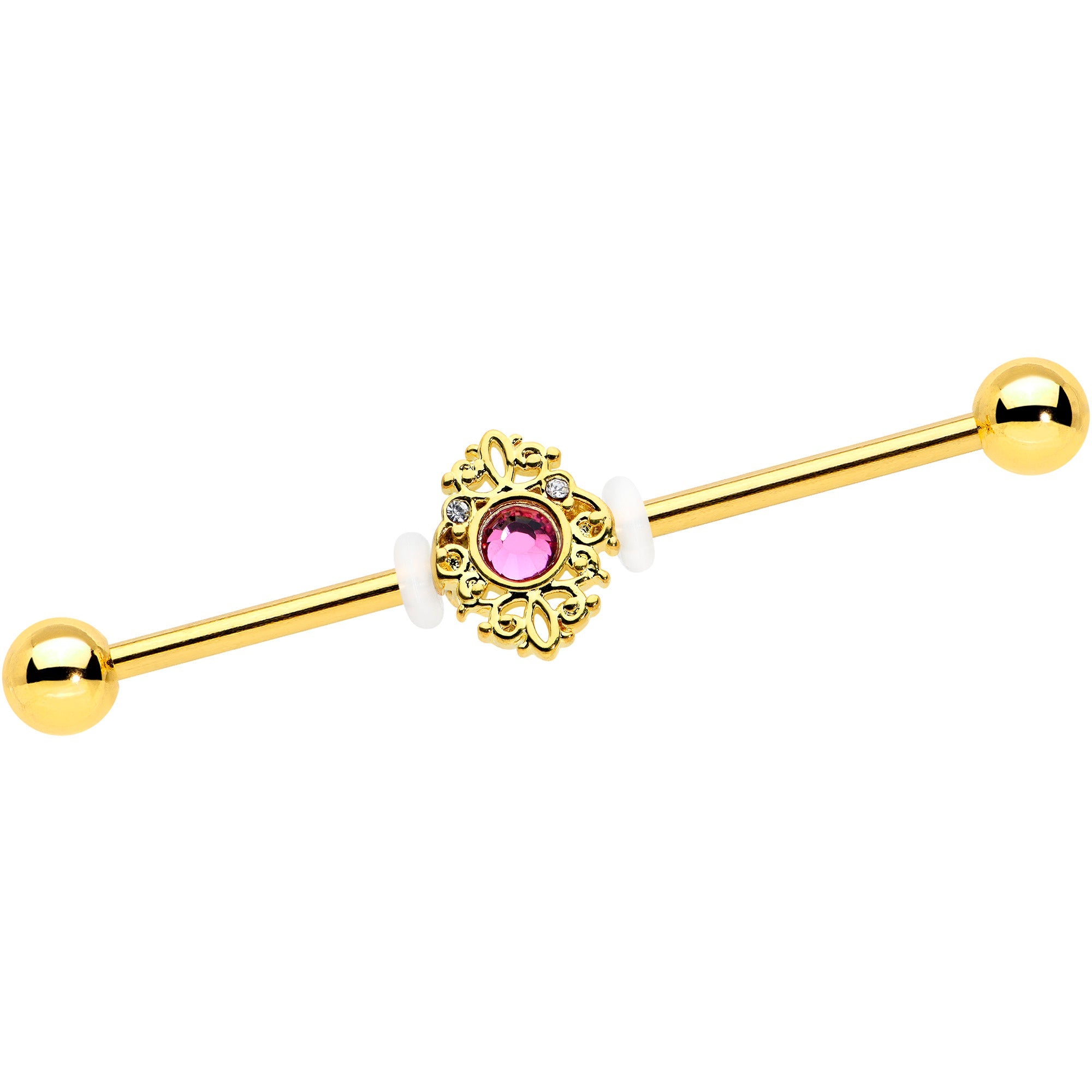 BodyCandy 14G Clear Pink Gem Gold Tone Lace Love Industrial Barbell 38mm — main product shot