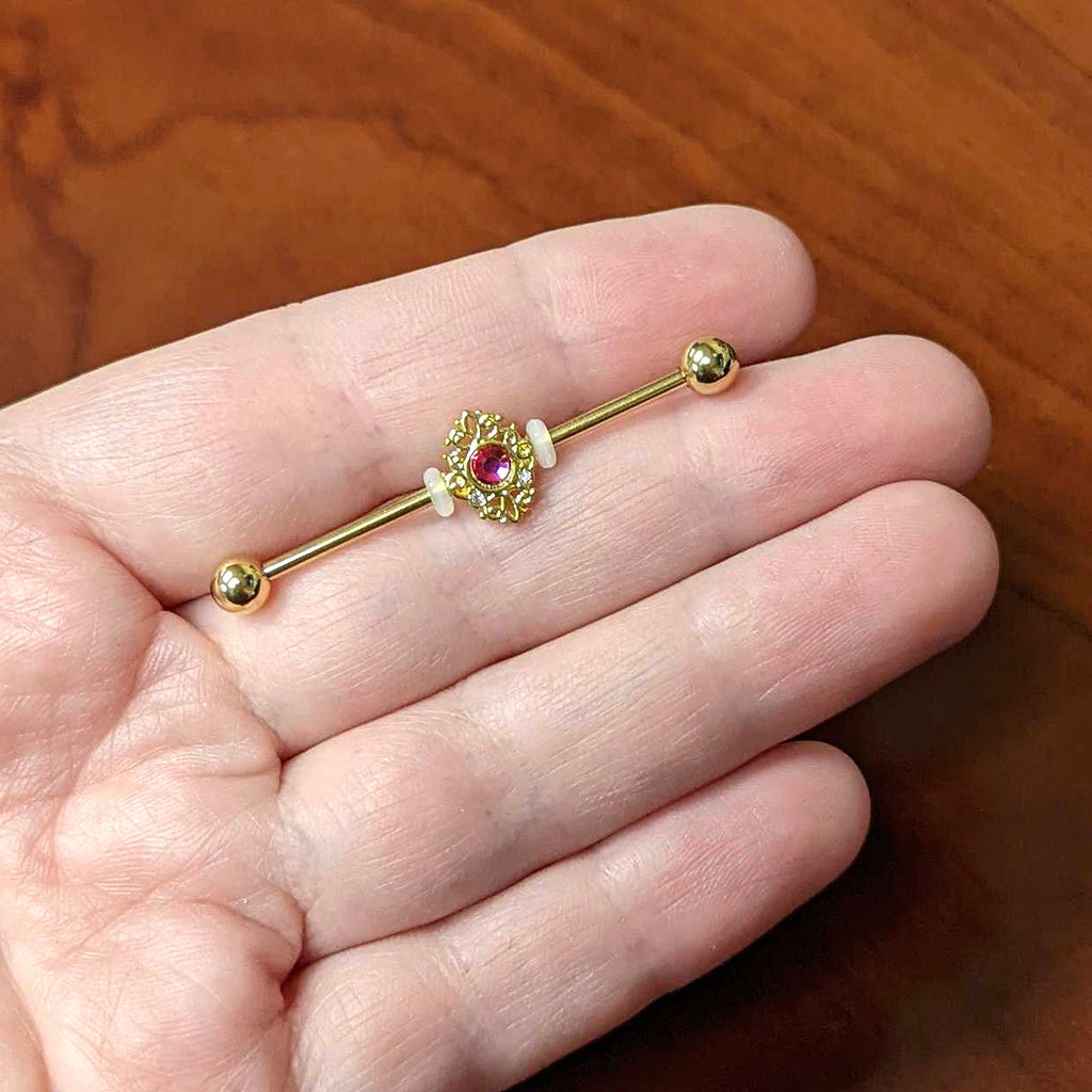 BodyCandy 14G Clear Pink Gem Gold Tone Lace Love Industrial Barbell 38mm — lifestyle context