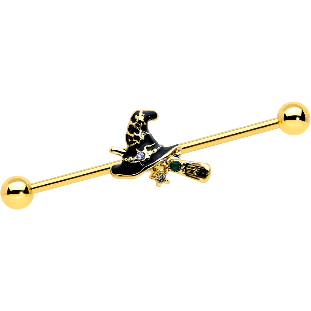 BodyCandy 14G Clear Gem Gold Tone Witch Hat Broom Industrial Barbell 38mm — main product shot
