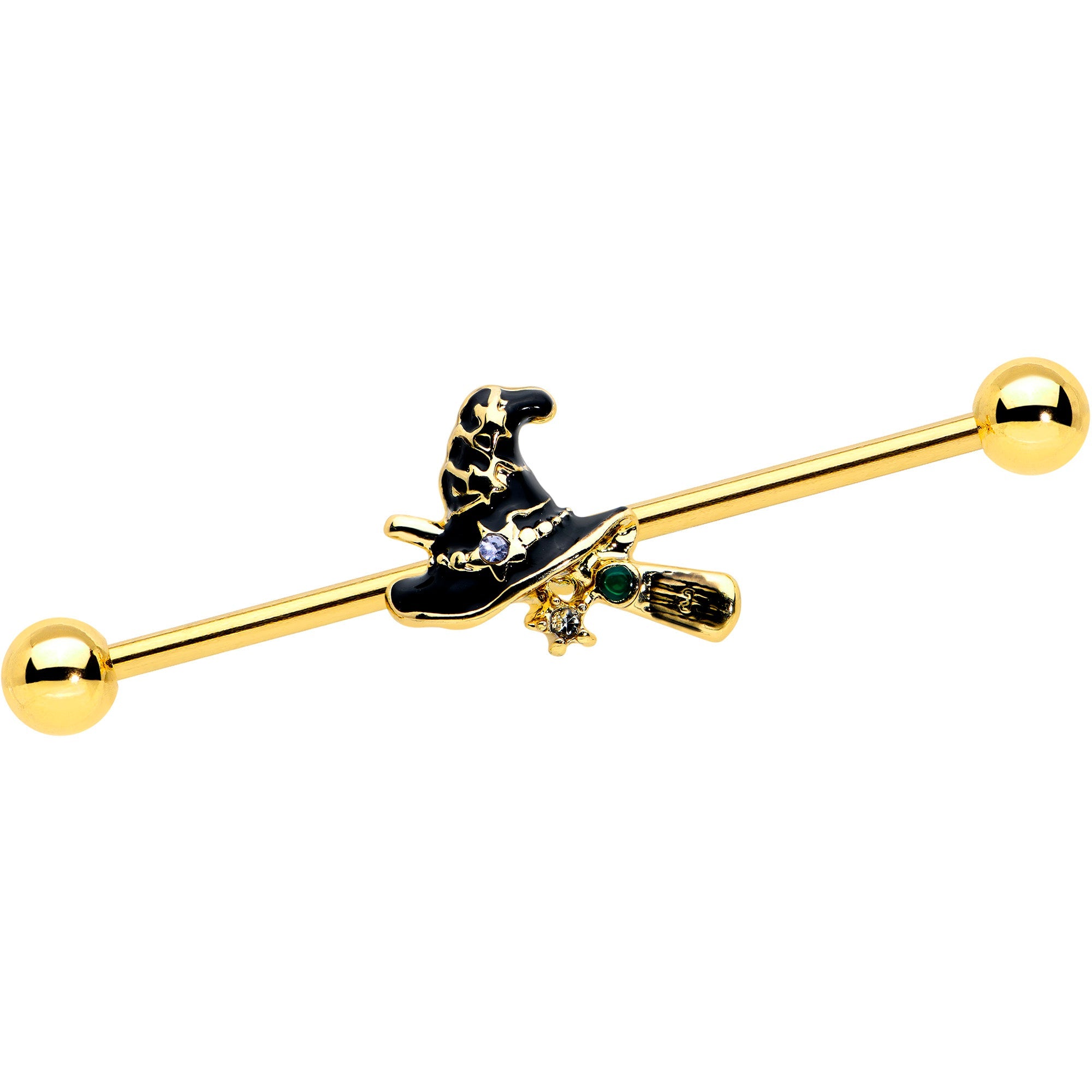 BodyCandy 14G Clear Gem Gold Tone Witch Hat Broom Industrial Barbell 38mm — main product shot