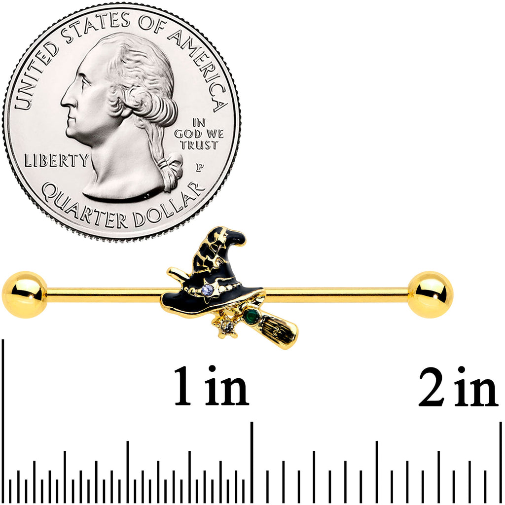 BodyCandy 14G Clear Gem Gold Tone Witch Hat Broom Industrial Barbell 38mm — detail close-up