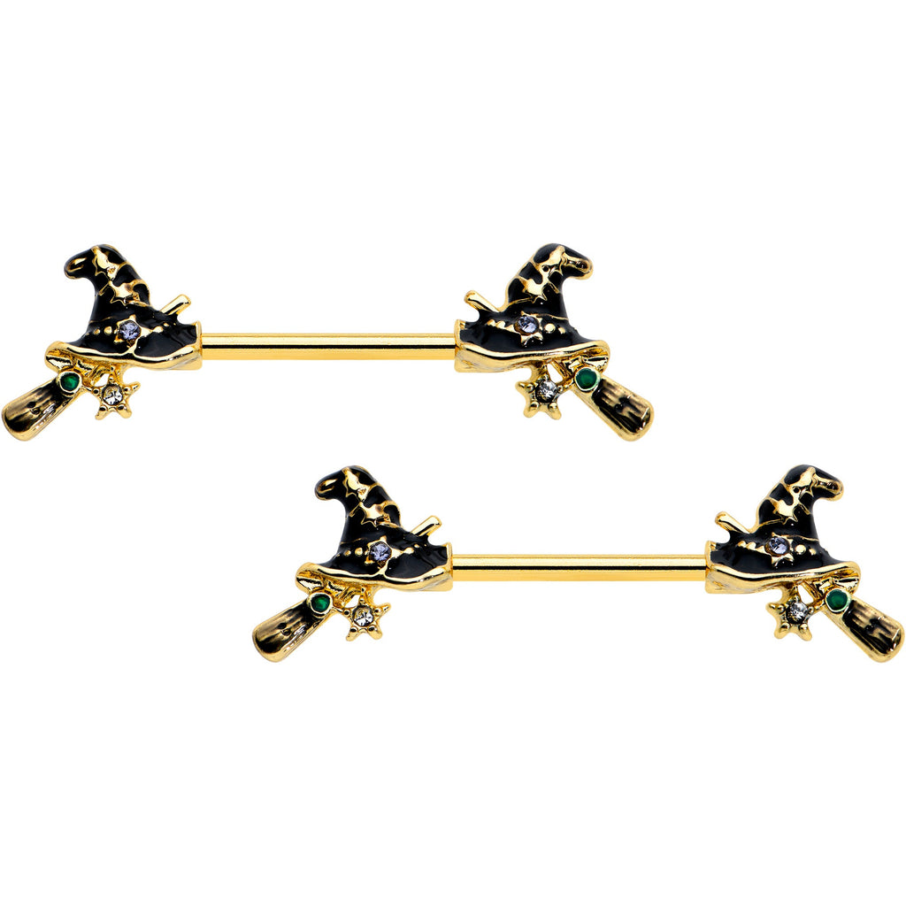 BodyCandy 14G 9/16 Clear Gem Gold Tone Witch Hat Broom Nipple Ring Set — main product shot