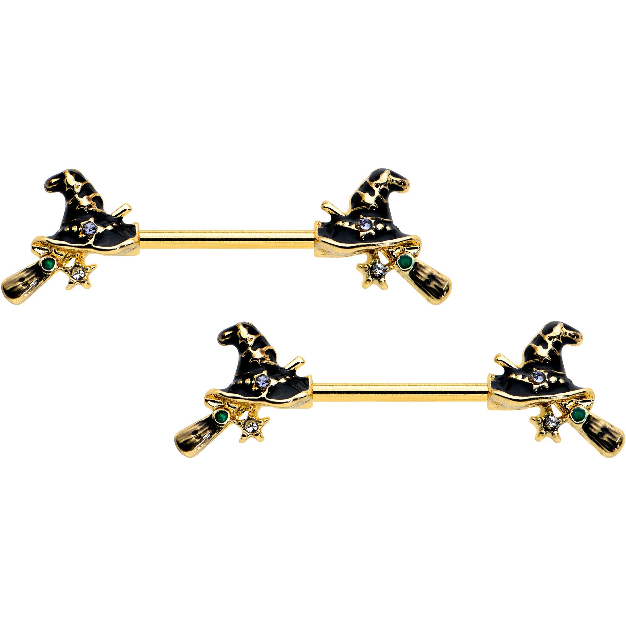 BodyCandy 14G 9/16 Clear Gem Gold Tone Witch Hat Broom Nipple Ring Set — main product shot
