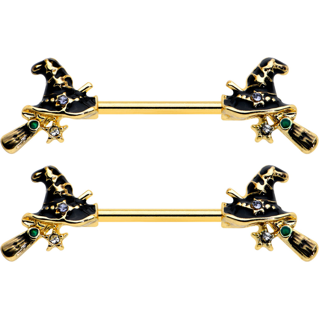 BodyCandy 14G 9/16 Clear Gem Gold Tone Witch Hat Broom Nipple Ring Set — detail close-up