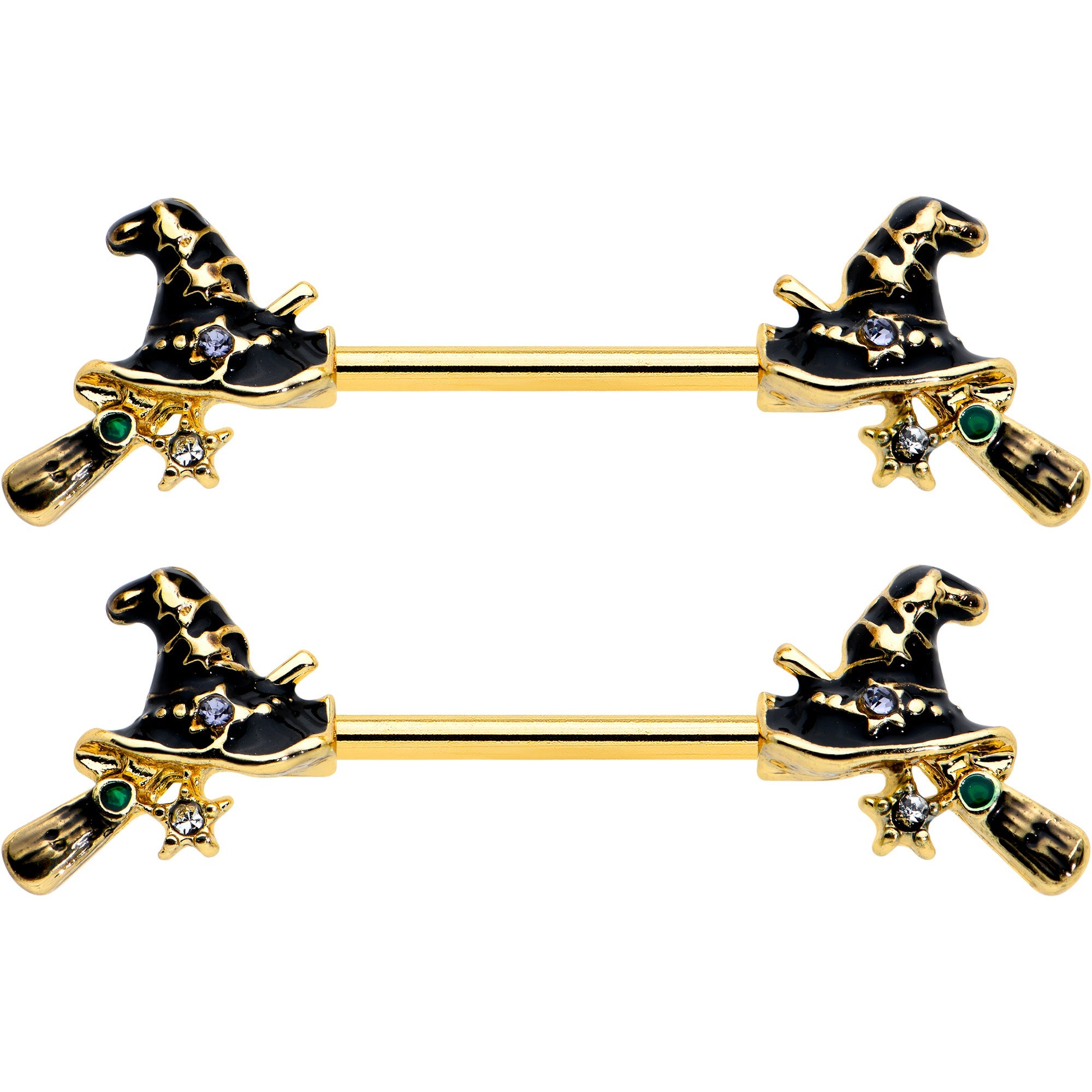 BodyCandy 14G 9/16 Clear Gem Gold Tone Witch Hat Broom Nipple Ring Set — detail close-up