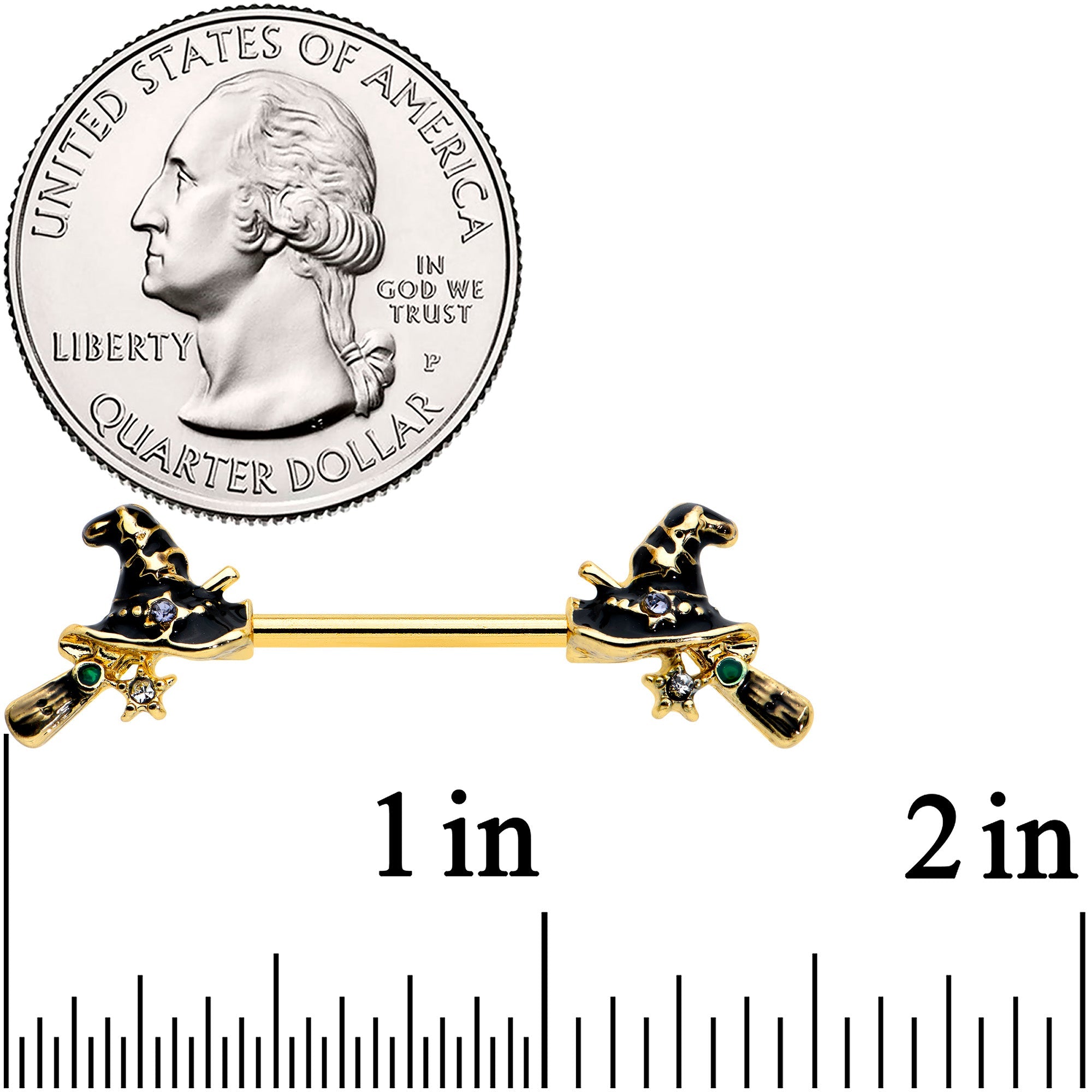 BodyCandy 14G 9/16 Clear Gem Gold Tone Witch Hat Broom Nipple Ring Set — lifestyle context