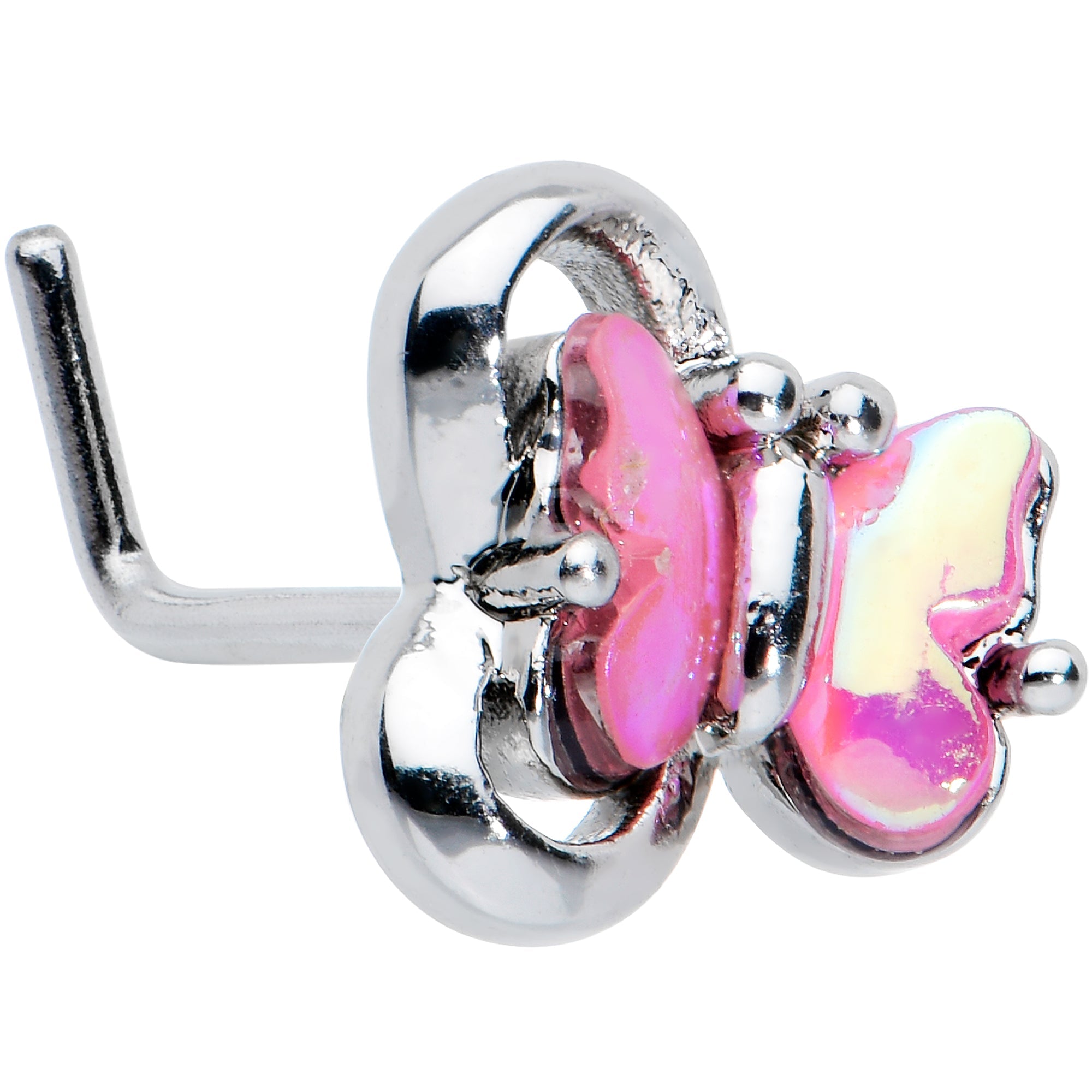 BodyCandy 20G 7mm Heart Pink Butterfly L Shape Nose Ring — main product shot