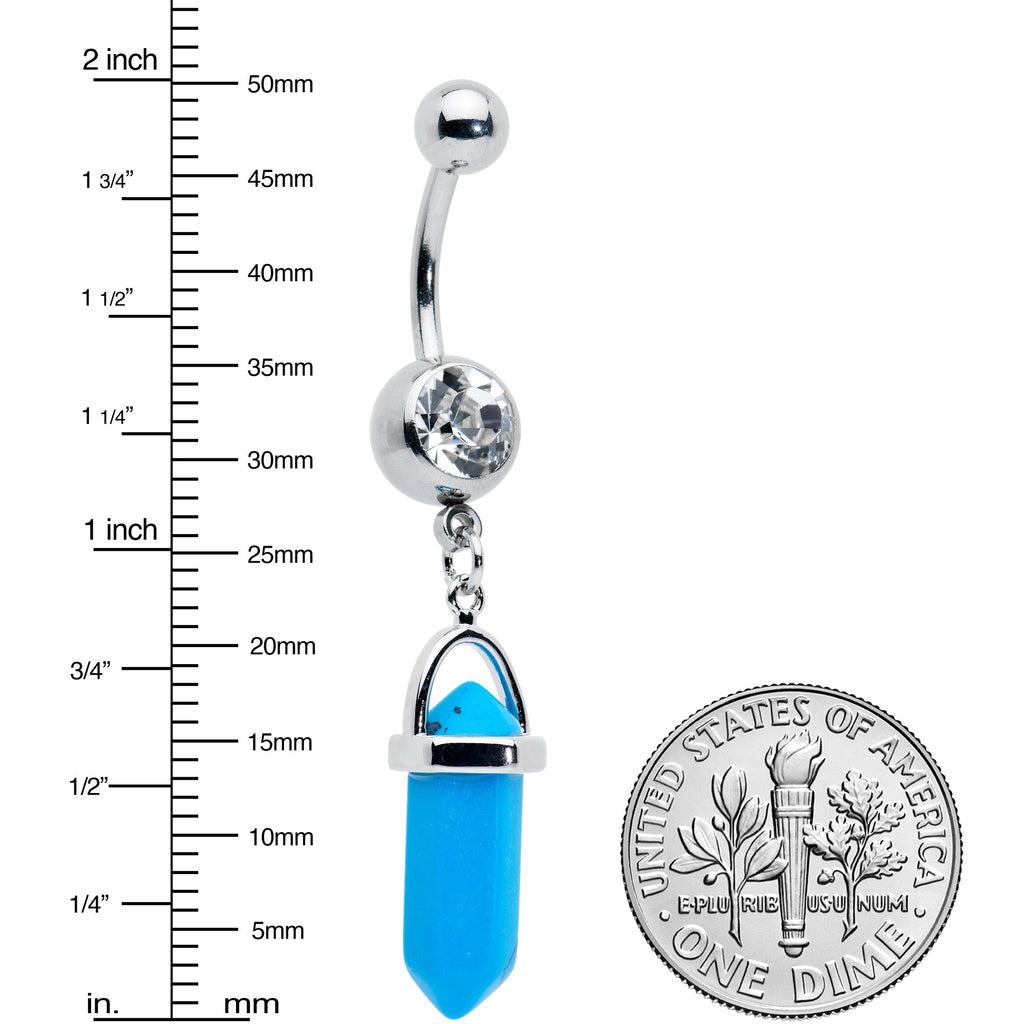 BodyCandy Clear Gem Turquoise Obelisk Dangle Belly Ring — detail close-up